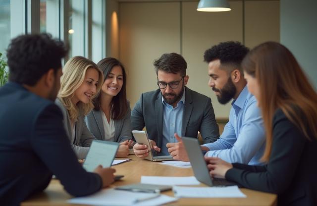 Pragya AI Labs team members discussing project strategy in a modern office